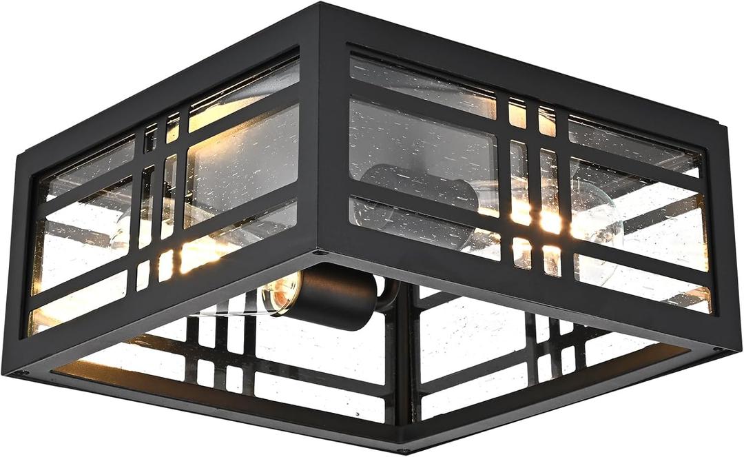 Square Ceiling Light Fixture Flush Mount Ceiling Light Black 2-Light with Seeded Glass, Industrial Ceiling Light Fixture for Kitchen Hallway Porch