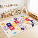 Area Rug Kids Rug 4'x 6', Hop and Count Hopscotch Rug for Kids, Blue Space Astronaut Themed Non-Slip Washable Play Carpet, Educational Number Game Mat for Boy‘s Bedroom Playroom Classroom
