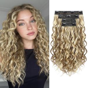 REECHO Curly Hair Extensions, 4PCS 16 inch Clip in Hair Extensions Lace Weft Short Curly Extension Clip Ins Invisible Natural Hairpieces for Women, Dark Ash Brown with Highlights