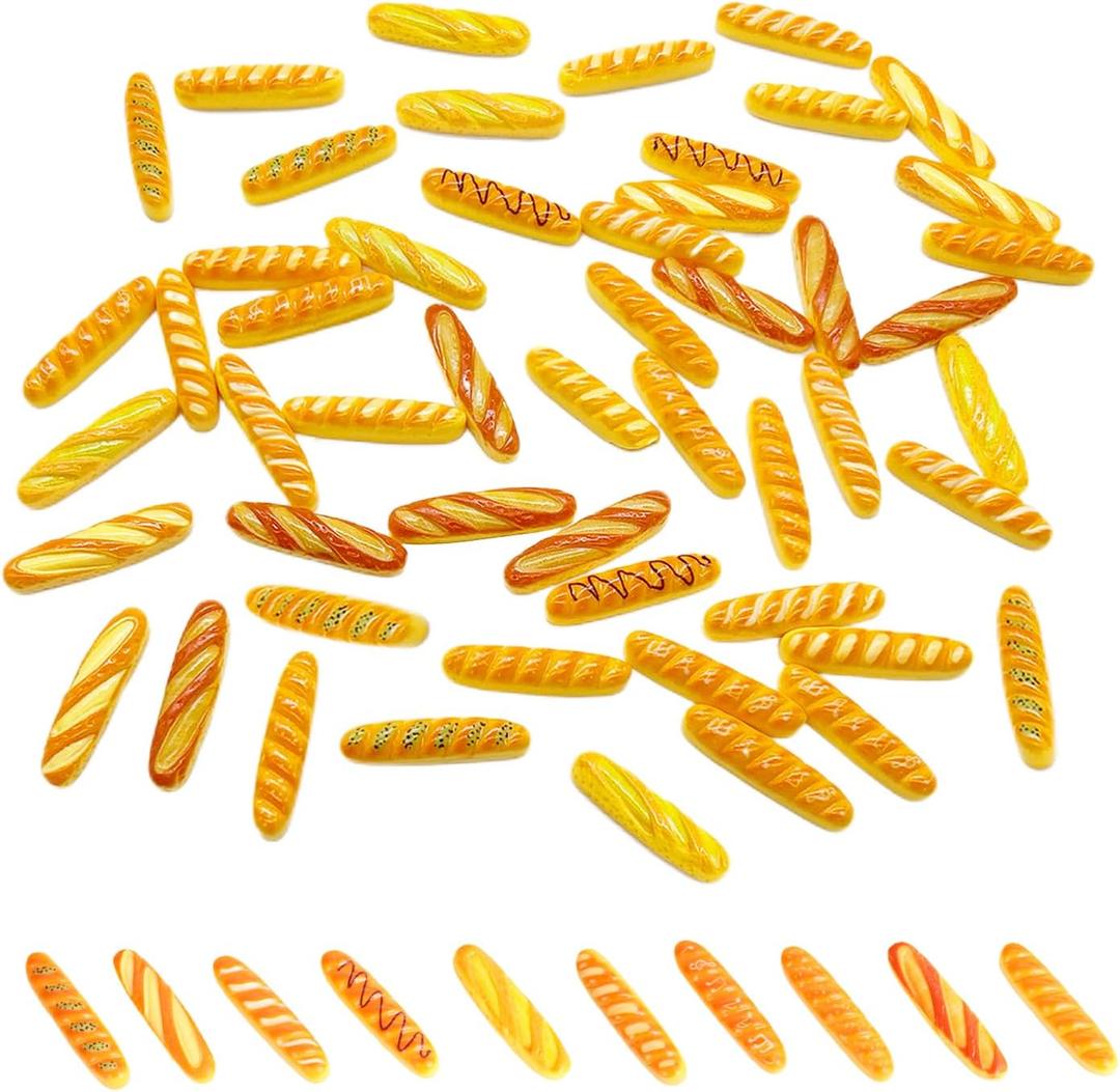 50Pcs Mini Fake Bread, Miniature Resin Food, Fake French Bread, Artificial Food Model for Mini House Kitchen Fairy Garden Cake Party Decor Display Props (Random Styles)