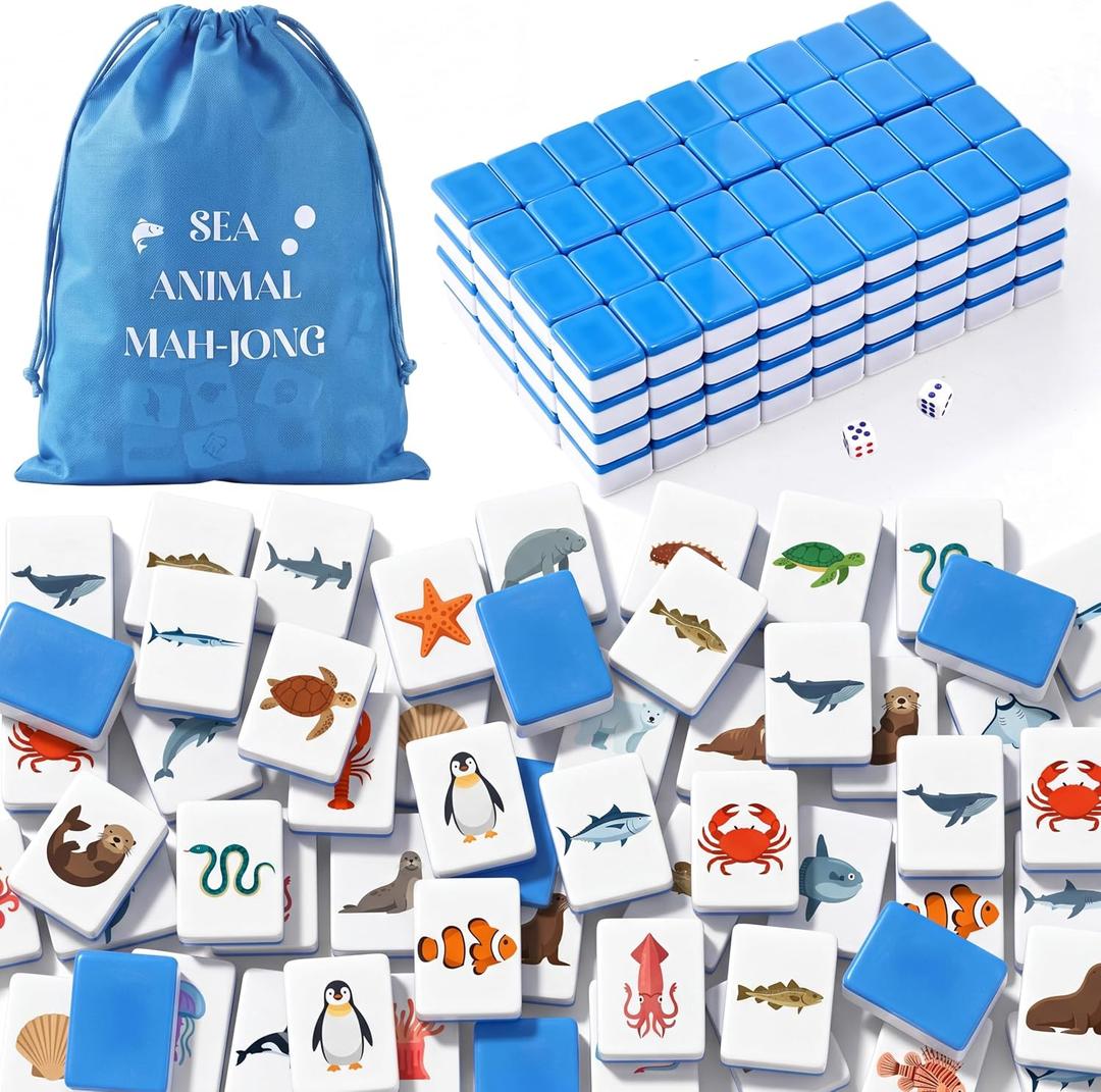 Arrowbash 144 Pcs Ocean Sea Animal Mahjong Blocks Set 4 Players Push Tile Game 1.2'' Blue Tiles Portable Mahjong Travel Set with Carry Bag & Dice for Family Party, 0.87" x 1.18" x 0.55"