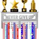 Medal Hanger Display with Trophy Shelf - Metal Awards Rack for Walls Holds 64+ Sports Medals- Our Never Give Up 16" Medal Holder Awards Trophy Display