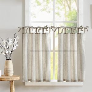 jinchan Tie Top Kitchen Curtains 36 Inch Length Striped Tier Curtains Ticking Stripe Small Drapes for Living Room Bathroom Cafe Small Window Farmhouse Rustic Rod Pocket 2 Panels Taupe Grey