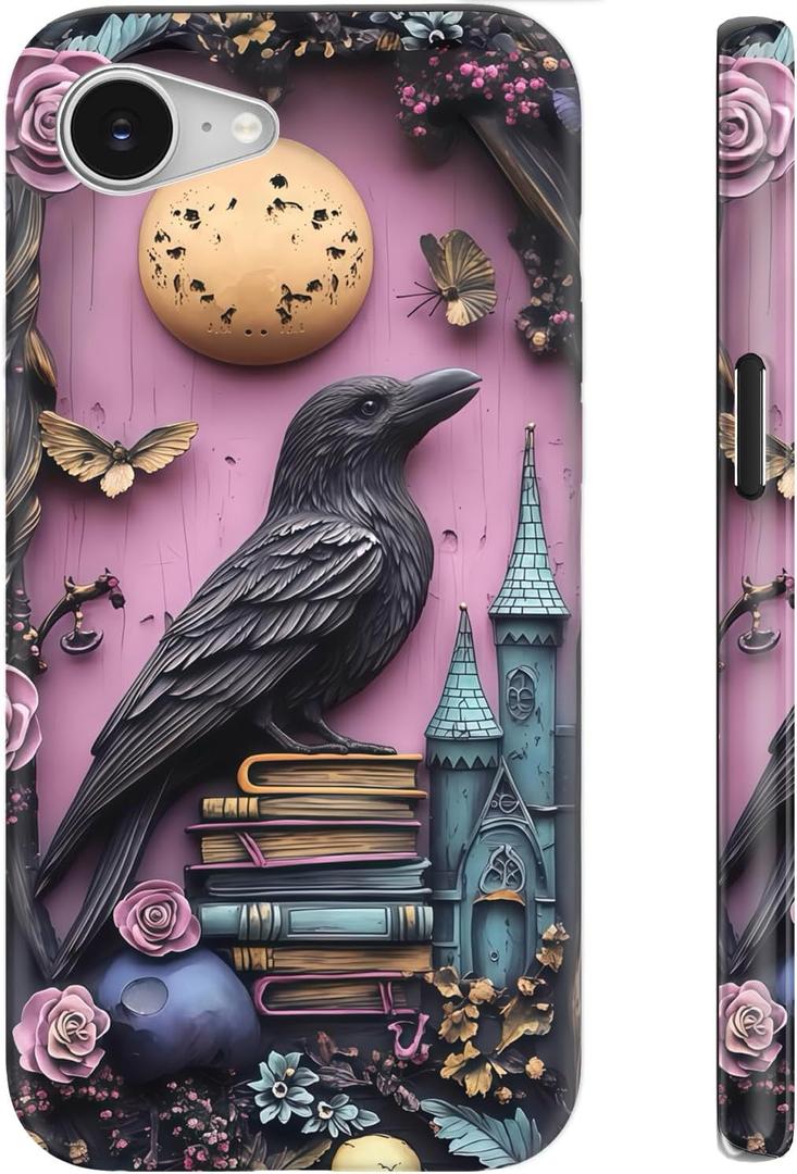 for iPhone 16e Case Cute Wireless Charging Compatible Dual-Layer Shockproof Protection with Stylish Wildflower Design Protective Cover for Women - Gothic Raven Purple Floral