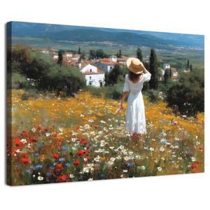 Countryside Girl Wall Art Girls Bedroom Wall Decor Abstract Colorful Wildflower Vintage French Country Landscape Canvas Prints Picture Nature Daisy Poppy Flower Poster Home Artwork Decoration 12x16"