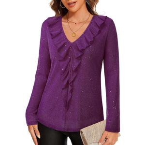 Gaharu Women's Dressy Blouses Long Sleeve Ruffle Shirts Casual Loose Fit Mesh Double Layers Flowy Tunic Tops (Purple)