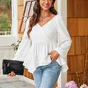 Angashion Women Tops Long Sleeve V Neck Peplum Blouse Dressy Casual Flowy Ruffle Babydoll Shirts (White)