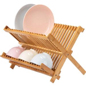 Lawei Collapsible Bamboo Dish Drying Rack - Plate Holder Dish Rack Cup Drying Strainer for Dish, Plate, Bowls, Cup