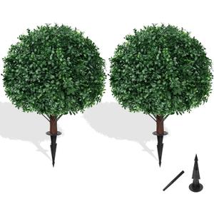 Artificial Boxwood Topiary Ball Tree with Ground Spike, Set of 2 Artificial Shrub Bushes, Fake Evergreen Tree for Porch, Artificial Plants for Outdoor Planters Indoor UV Resistant