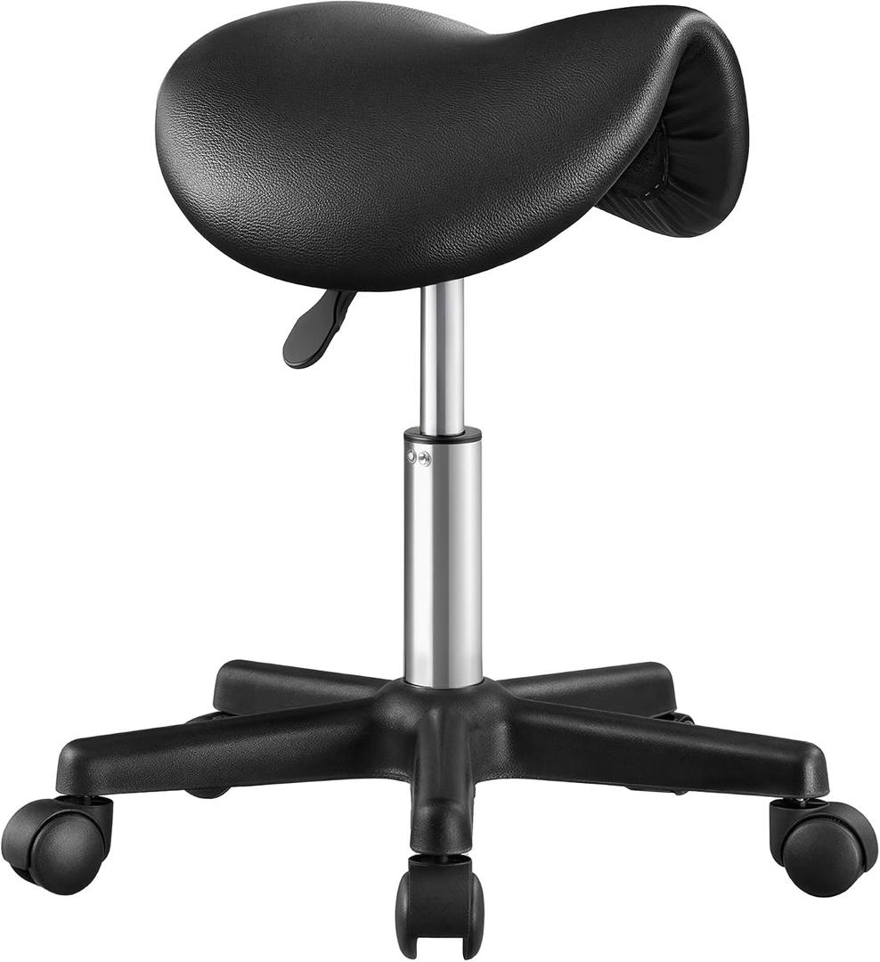 SONGMICS Ergonomic Saddle Stool with Wheels, Rolling Stool, Without backrest