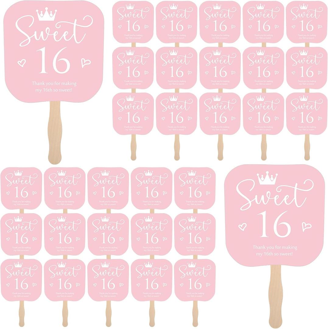 Geelin 25 Pcs Sweet 16 Birthday Party Favors for Guests Pink 16 Handheld Fans Thank You Paper Fans with Wooden Handle for Sweet 16 Birthday Gift Souvenir Themed Party Decorations