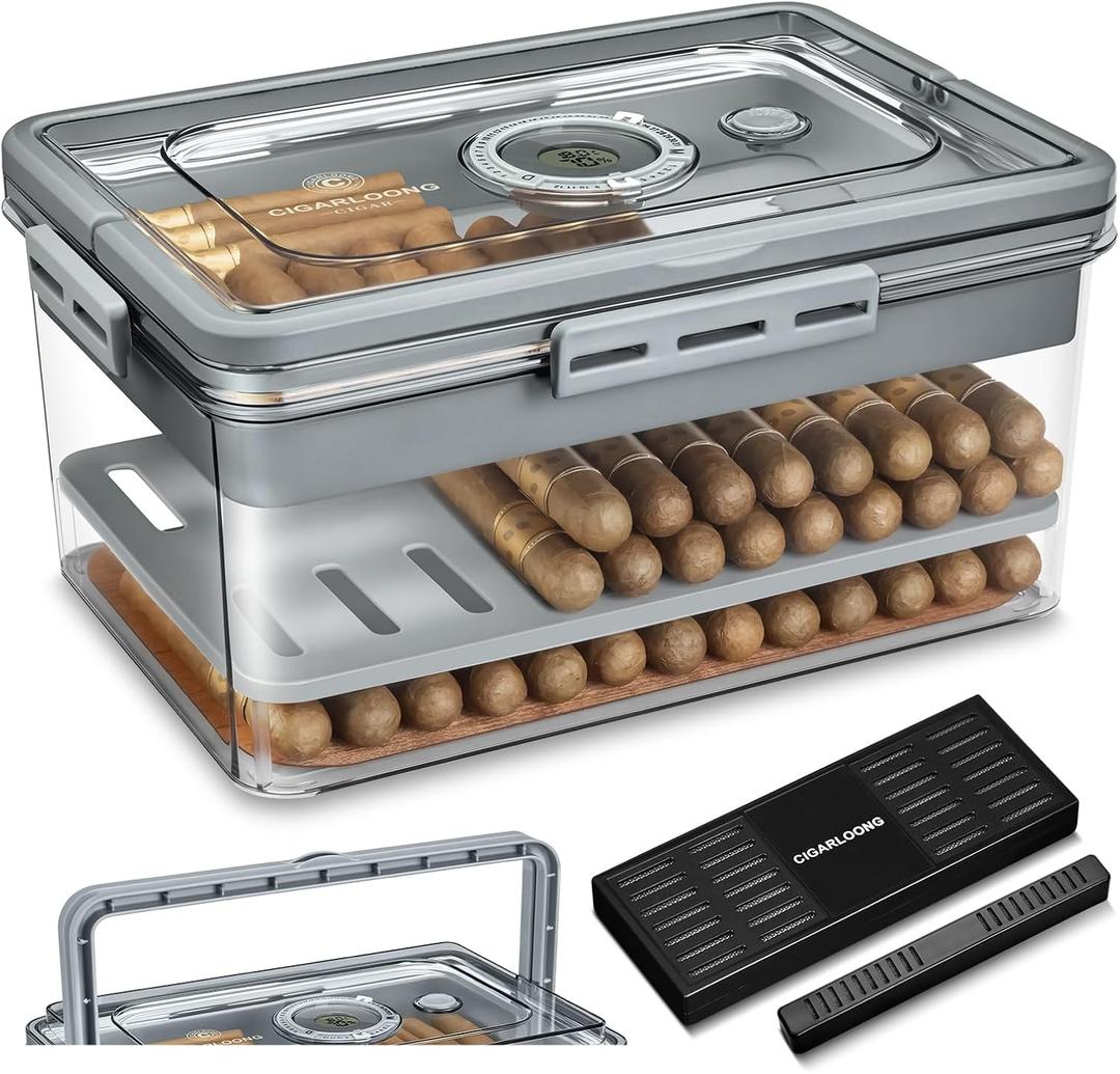 Cigar Humidor with 2 Humidifiers and Hygrometer, Desktop Handle Cigar Box, Airtight Cigar Humidor Case with Cedar Wood Chip That can Hold About 120 Cigars, Gifts for Men Father's Day