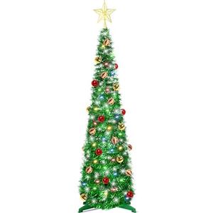 5 Ft Tinsel Christmas Tree with Timer 4 Modes 60 Warm White & Multi Color Change Lights 25 Ball Ornaments 3D Star Battery Operated Pop Up Artificial Tree Xmas Decoration Home Decor (Green)