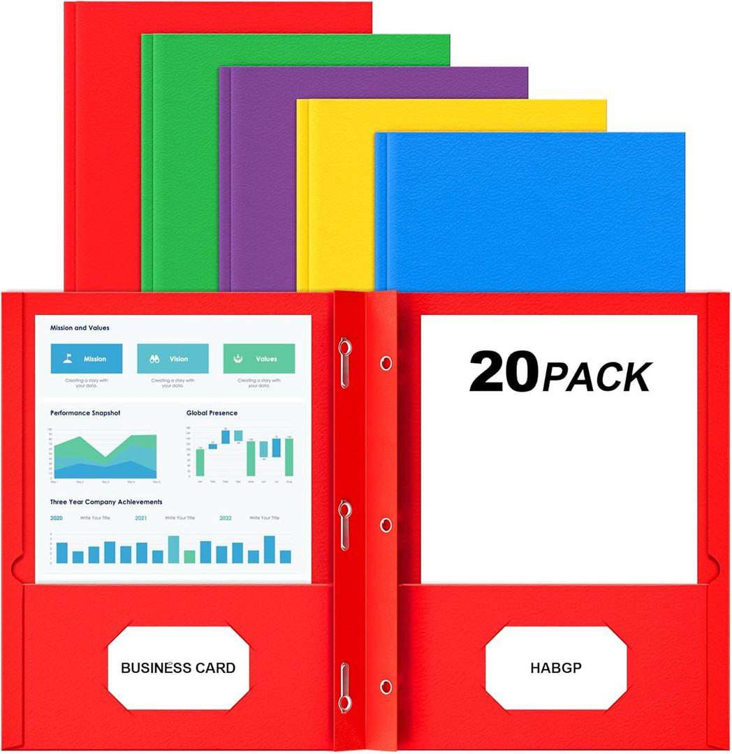 HABGP Two Pocket Folders with Prongs, 20 Pack Paper Folders with Pockets and 3 Prongs Fit Letter Size Paper, for Organizing Files in School, Office & Business (Assorted 5 Colors)