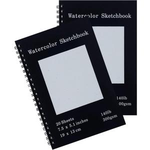 Set of 2, Each with 20 Sheets, 7.5 x 5.1 Inches, 140 lb Cold Press Watercolor Paper, 1150 GSM Black Hard Cover, Spiral Bound, White Pages for Drawing and Painting