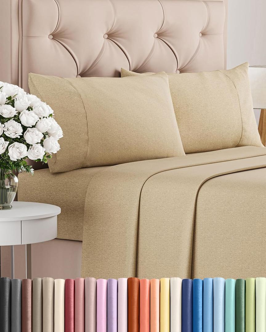 Queen Size 4 Piece Hotel Luxury Bed Sheet Set - Breathable, Cooling, Deep Pocket, Easy-Fit, Soft & Wrinkle Free - Heathered Tan