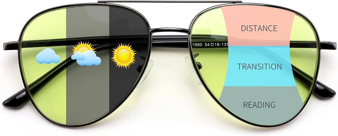 FEISEDY Photochromic Progressive Multifocal Reading Glasses Blue Light Blocking & Night Vision Metal Aviator Frame B0396