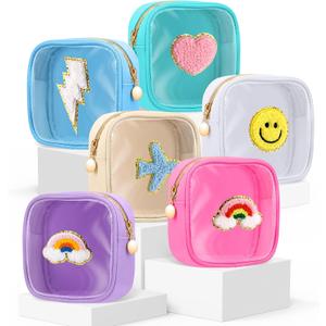 Silkfly 5 Pcs Cute Preppy Patch Makeup Bags Bulk Christmas Mini Pouches for Gifts Chenille Nylon Toiletry Macaron Color Cosmetic Bags with Zipper Clear Toiletry Pouches for Women Travel Supplies