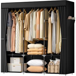 Wardrobe ClosetPortable Closets for Hanging Clothes,Free Standing Clothes Rack with Cover & 3 Hanging rods & 6 Storage Shelves & 2 Side Pockets (3 Row - 49"Wide, Black)