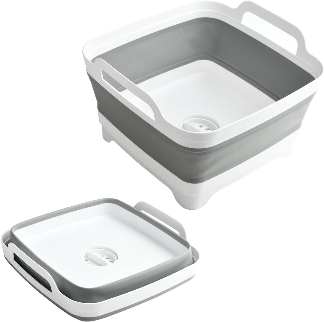 Collapsible Dish Basin Foldable Kitchen Sink With Drain Plug Plastic Laundry Tub 9L/2.4Gal RV & Camping Wash Basin Space-Saving Bottle Washing Sink(Gray)