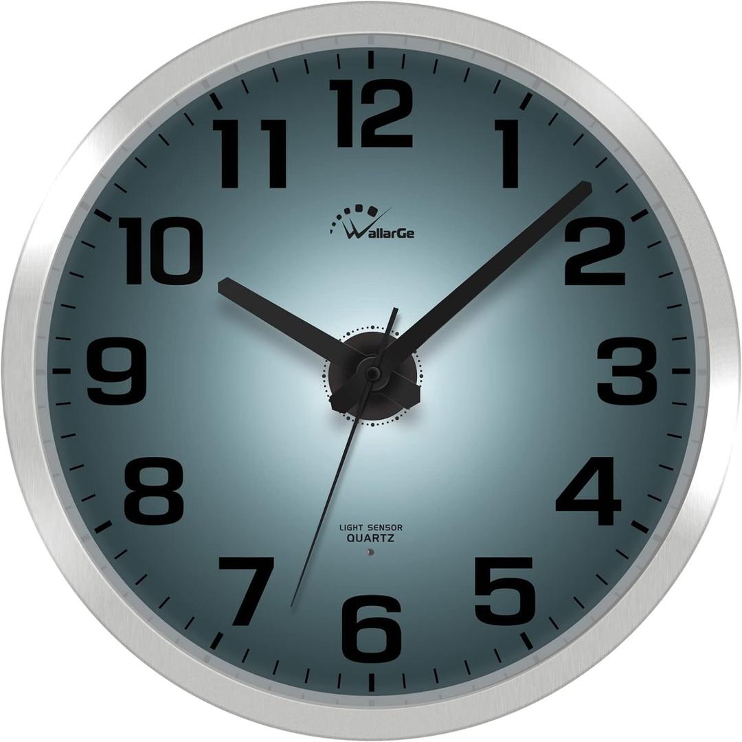 WallarGe Night Light Wall Clock for Bedroom - Silent Lighted up Wall Clock Glow in The Dark, Battery Operated Wall Clocks for Living Room/Kitchen, Easy to Read Large Digital Display, 12 Inch (Silver)
