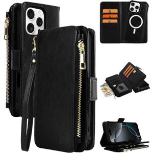 VANAVAGY Compatible for iPhone 16 Pro Max Wallet Case with RFID Blocking Card Holder for Women Men, PU Leather Magnetic Snap Wallet Detachable Phone Case With Kickstand For 16 Pro max 6.9Inch, Black