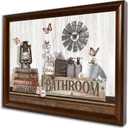Framed Retro Brown Rustic Farmhouse Bathroom Wall Art Vintage Country Style Bath Decor Canvas Prints with Butterflies Windmill Poster Pictures for Restroom Toilet Washroom Ready to Hang