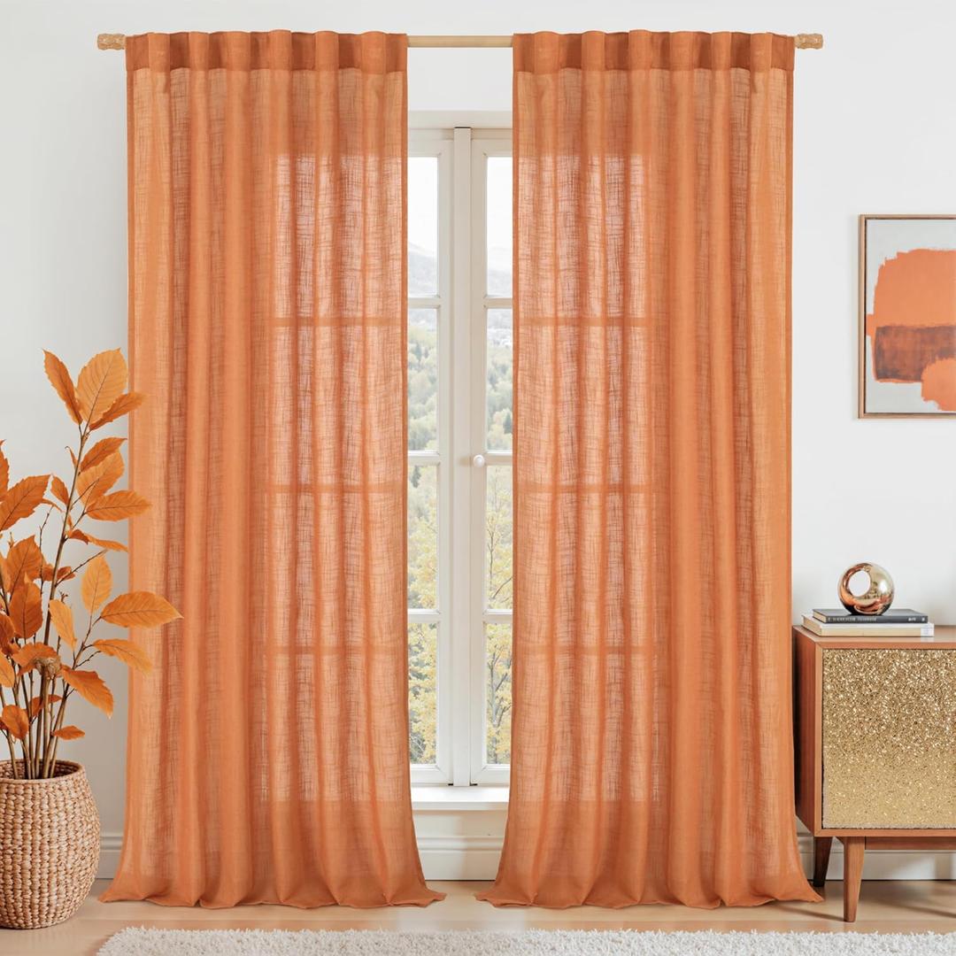 LAMIT Burnt Orange Linen Curtains 90 Inch for Living Room, Back Tab and Rod Pocket Linen Textured Farmhouse Curtains Light Filtering Drapes for Bedroom/Dining Room, Set of 2, 52 x 90 Inch