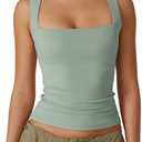 QINSEN Women's Square Neck Sleeveless Double-Layer Tank Tops Basic Tight T Shirts (Green, L)