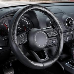 SEG Direct Car Steering Wheel Cover Universal Standard-Size 14 1/2"-15" Leather with Carbon Fiber Pattern Black