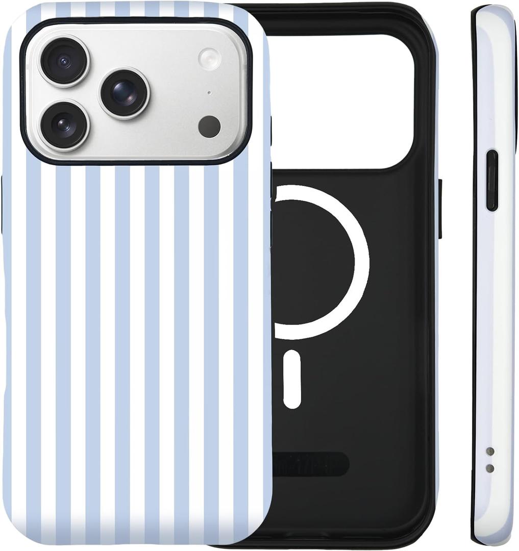 for iPhone 17 Pro Max Case Cute Striped Phone Case Compatible with MagSafe, Dual-Layer Shock Protection(Hard PC + Silicone) - Aesthetic Protective Phone Cover for Women Girl, Blue and White