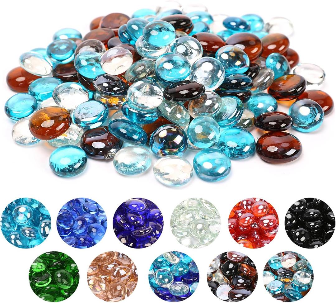 GRISUN 1/2 inch Blend Fire Glass Beads for Fire Pit - 10 Pounds Reflective Round Glass, Decorative for Natural or Propane Fireplace, Ultra Clear, Caribbean Blue, Amber