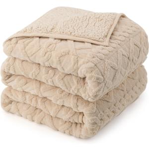 Weighted Blanket Queen Size 15lbs, Classy Soft Jacquard Sherpa Weighted Blankets for Sleep Natural and Calming, Fluffy Cozy Sofa Bed Blanket for Winter, Beige, 60 x 80 inches