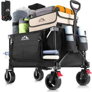 150L Wagon Cart Foldable, Heavy Duty Collapsible Utility Wagon with 220lbs Capacity, All-Terrain Beach Wheels, Portable Garden Cart for Camping, Sports, Outdoor, Shopping, Black