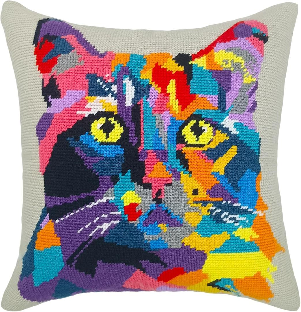 Howie's Needle Point Kits for Adults Beginners, Furbish Cat Needlepoint Pillow Front Kit with Stamped Pattern on Canvas, Yarn, 2 Needles and Instruction, 16 x 16inch (Pop Art Cat)
