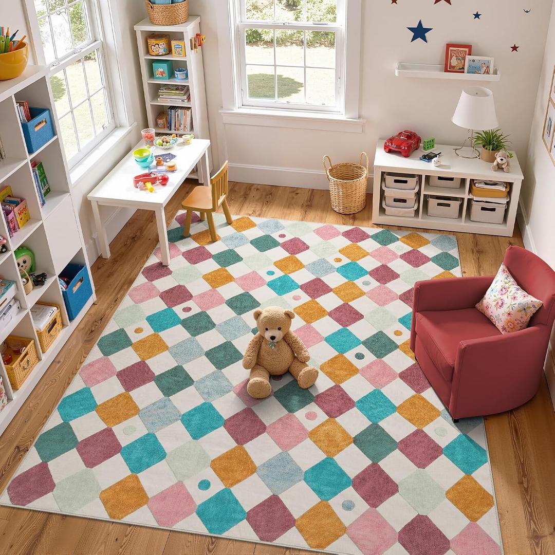 jinchan Macy 8x10 Kids Area Rug for Classroom Modern Colorful Nursery Rug Checkered Diamond Play Mat Washable Soft Non Slip Carpet for Playroom Living Room Bedroom Daycare Confetti on Cream