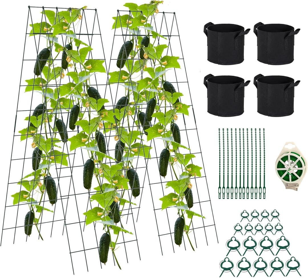 Foldable Cucumber Trellis 64" H x 20" W - 2 Pack, A-Frame Cucumber Trellis for Raised Bed, Steel Vegetable Trellis with Twist Ties & Plant Bags for Climbing Plants Outdoor