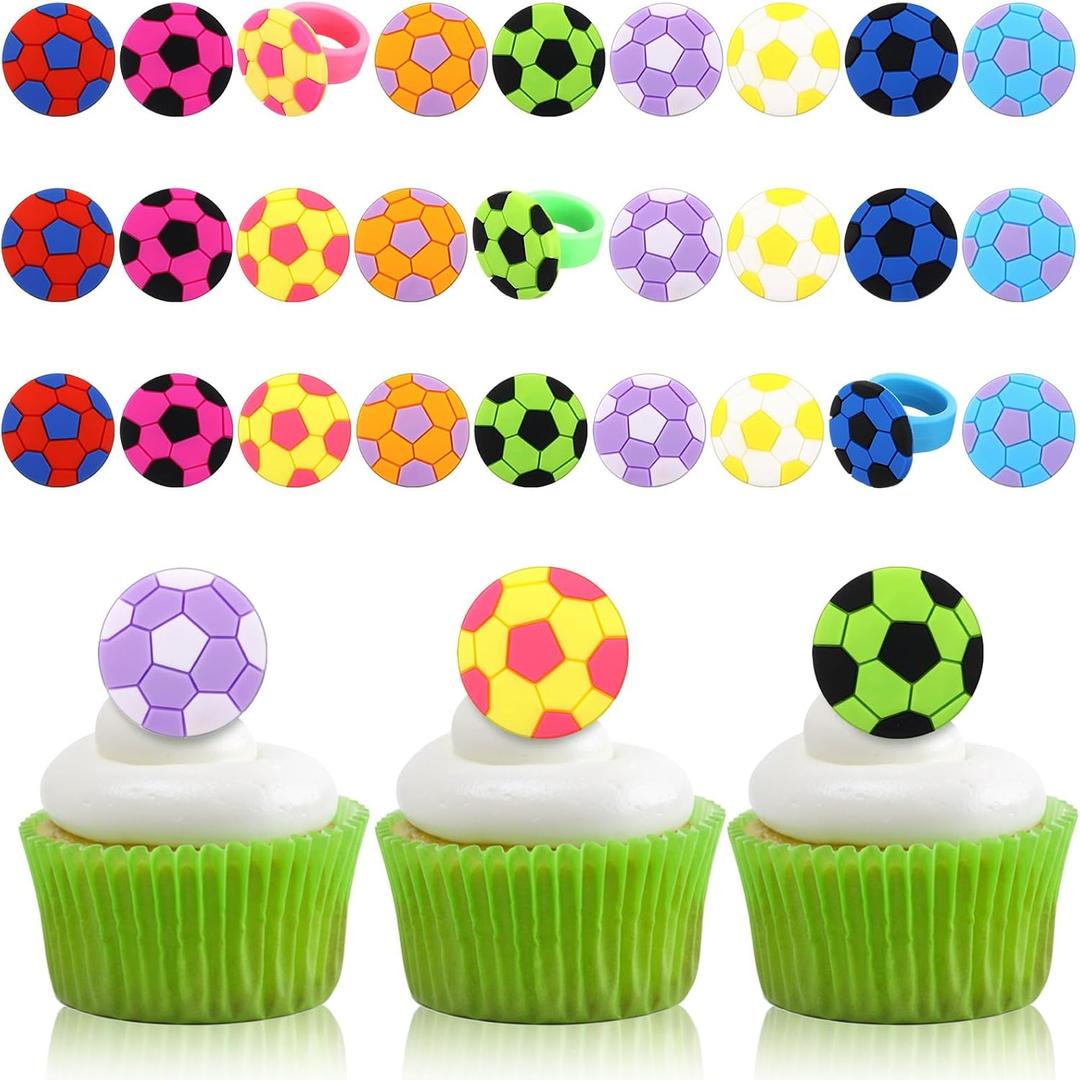 Honeydak 48 Pcs Soccer Sport Cupcake Rings Toppers Decoration Sport Ball Theme Cupcake Picks Cake Decoration for Baby Shower Birthday Party Cake Supplies