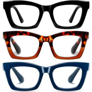 Hubeye Oprah Style Reading Glasses for Women Men Blue Light Blocking Computer Square Readers with Spring Hinge (Black+Brown Hawksbill+Blue)