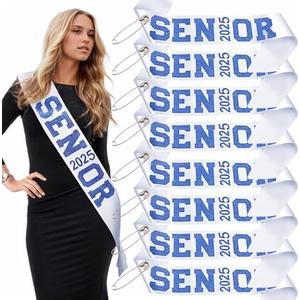 Wecrocs Senior 2025 Sashes, White with Royal Blue Glitter Letters, Graduation Party Supplies, Celebration sash, Pack of 8