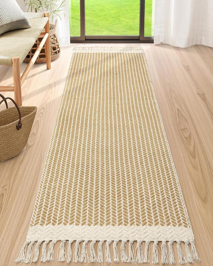 Lahome Belle Boho Hallway Runner Rug, 2'6''x8 Kitchen Runners Washable Rugs for Bedroom Woven Cotton Rug with Tassels, Farmhouse Bath Non Shedding Carpet Runner for Laundry Basement, Khaki