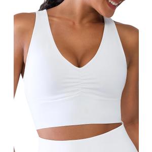 BRXL Medium Support Long Line Sports Bra with Removable Pads Ruched Crop Tank Top Workout Gym V Neck Racerback Buttery Soft