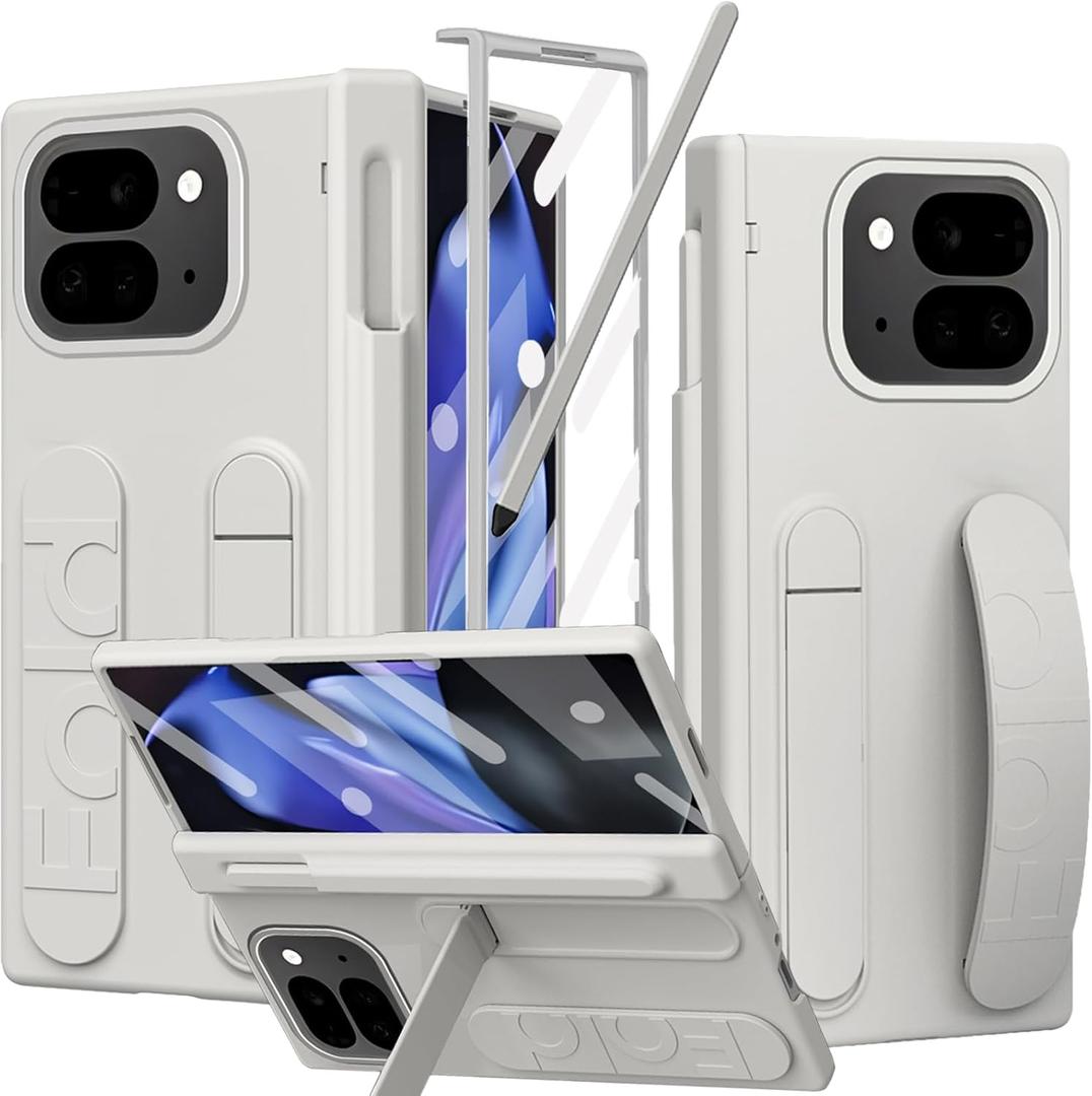 YQODSZ for Google Pixel 10 Pro Fold Case with S Pen Holder & Stylus, Hand Strap Phone Case with Kickstand, Hinge Protection, Screen Protector, Wrist Strap Cover for Google Pixel 10 Pro Fold White