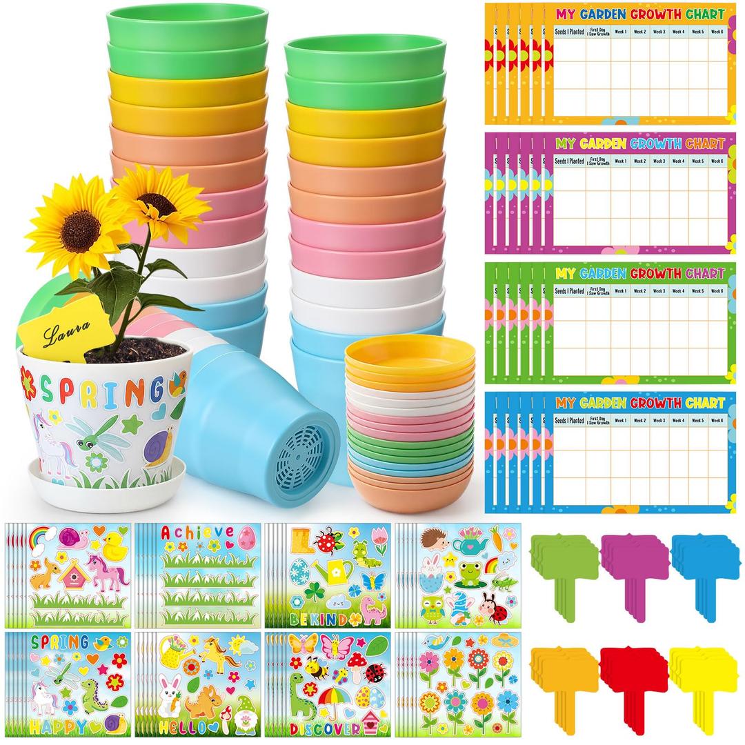Capoda 48 Sets Garden Flower Pots Crafts Kit DIY Spring Plastic Seedling Nursery Pots with Stickers Plant Labels Growth Charts Planting Growing Tools Classroom Activities Project Gifts (Square)