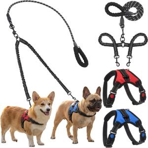 3 Pcs Double Dog Leash No Pull Dog Harness 360 Swivel No Tangle Vest Adjustable Dual Leash Reflective Vest Harness Walking Training Lead for Two Small Medium Dogs(M,Chest 20.5"- 24.4")