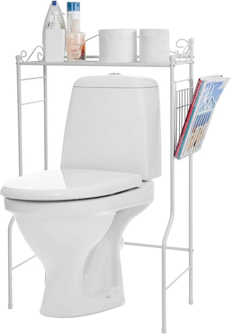 MyGift Over The Toilet Standing Shelf Storage with Magazine Basket, Freestanding Bathroom Space Saver Organizer Rack, White Metal Vintage Scrollwork Accents, Large