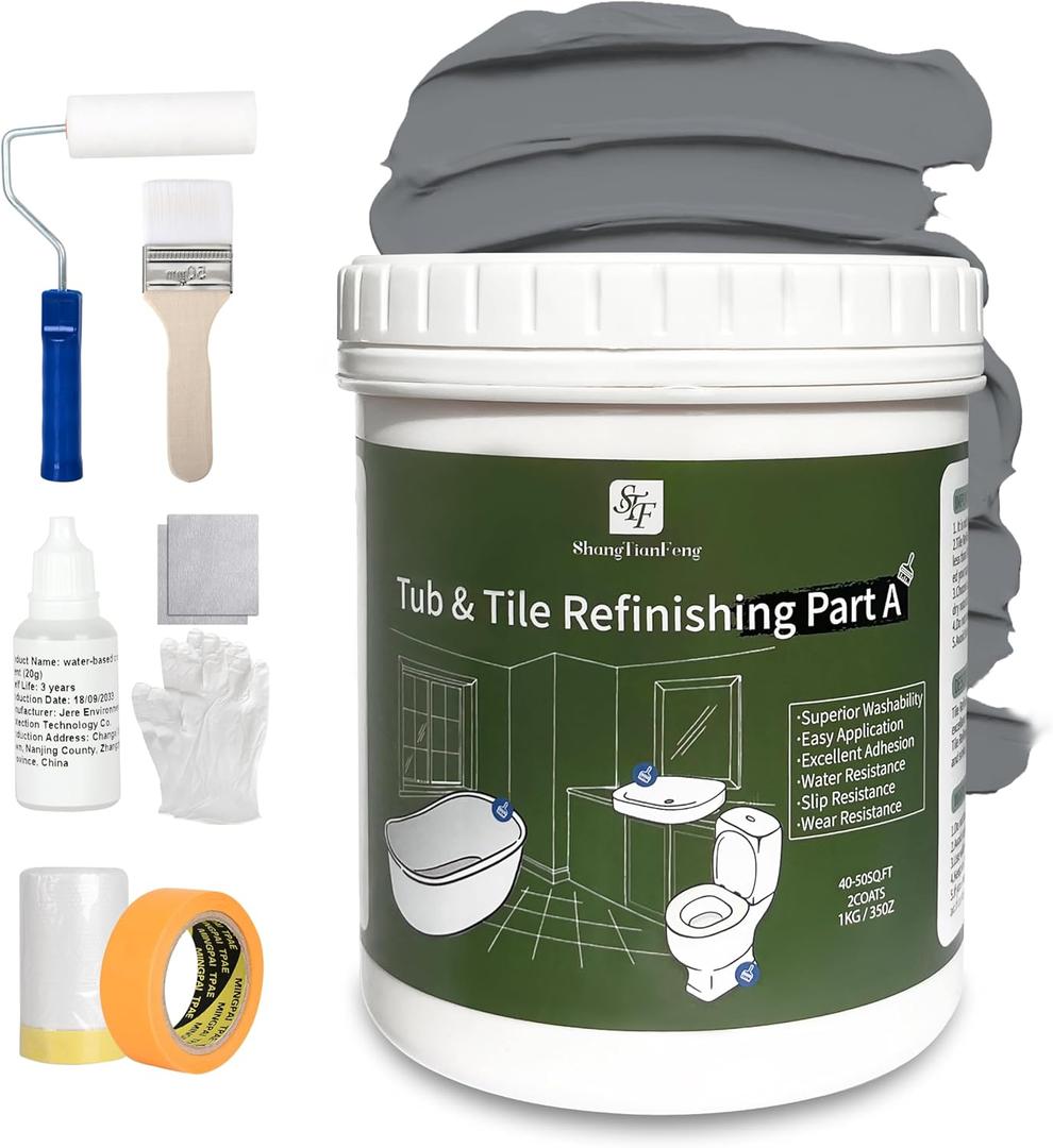 Tile Paint Bathtub Paint Refinishing Kit (Grey/32 Oz/7 Tools), Ease of Use Tub Paint Resurfacing Bathroom Sink Tub Kitchen Countertop, Low Odor No Toxic Tub And Tile Refinishing Kit