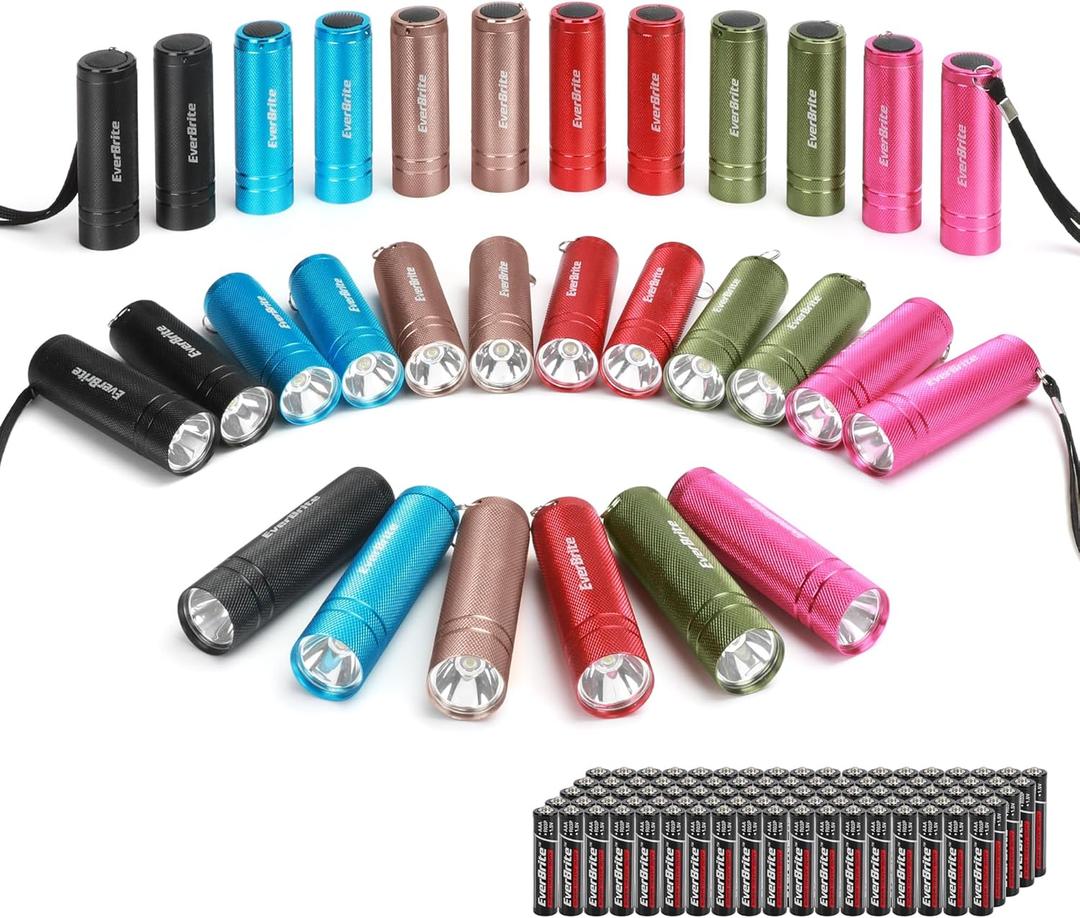EverBrite 30-Pack Mini Flashlight Set, Aluminum LED Handheld Torches with Lanyard, Assorted Colors, 90xAAA Batteries Included for Emergency, Night Reading, Camping, Power Outage, Bulk Holiday Gifts