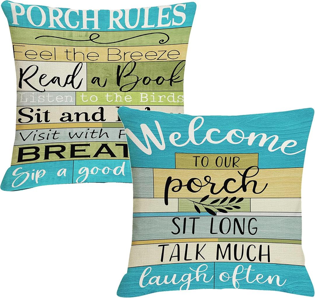 Jartinle Lake House Outdoor Pillow Covers 18x18 Inch Waterproof Turquoise Woodgrain Stripe Welcome to Porch Decorative Cushion Covers for Patio Furniture, Set of 2 (Teal Green)