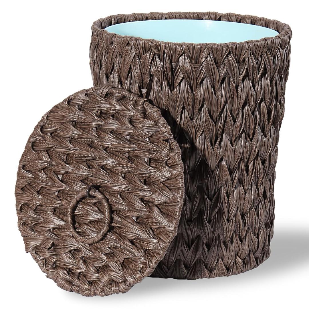 Plastic Wicker Trash Can with Lid - 2.6 Gallon Small Garbage Can with Removable Liner Bucket for Bedroom, Bathroom, Living Room - Boho Hand Woven Waste Basket for Home, Office, Brown